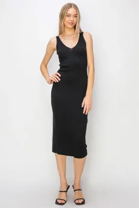 V NECK RIBBED KNIT BODYCON MIDI DRESS