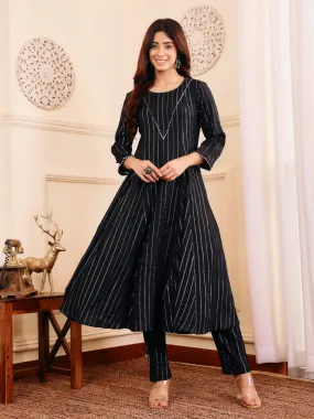 Varanga Women Black Lurex Crepe Anarkali Kurta With Trousers.