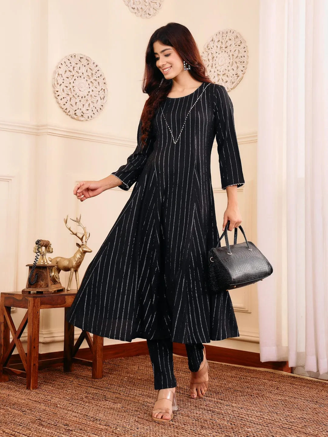 Varanga Women Black Lurex Crepe Anarkali Kurta With Trousers.