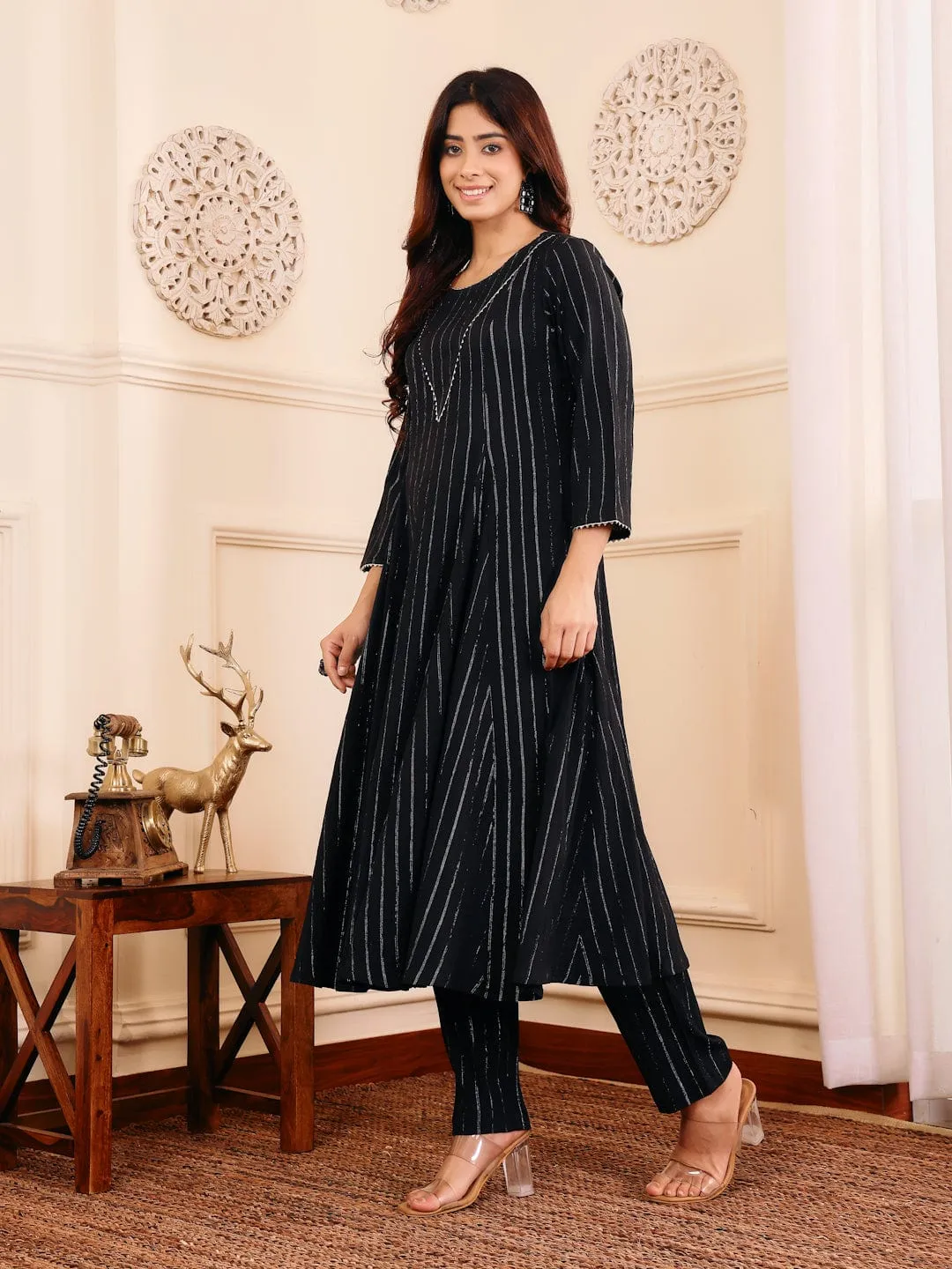 Varanga Women Black Lurex Crepe Anarkali Kurta With Trousers.