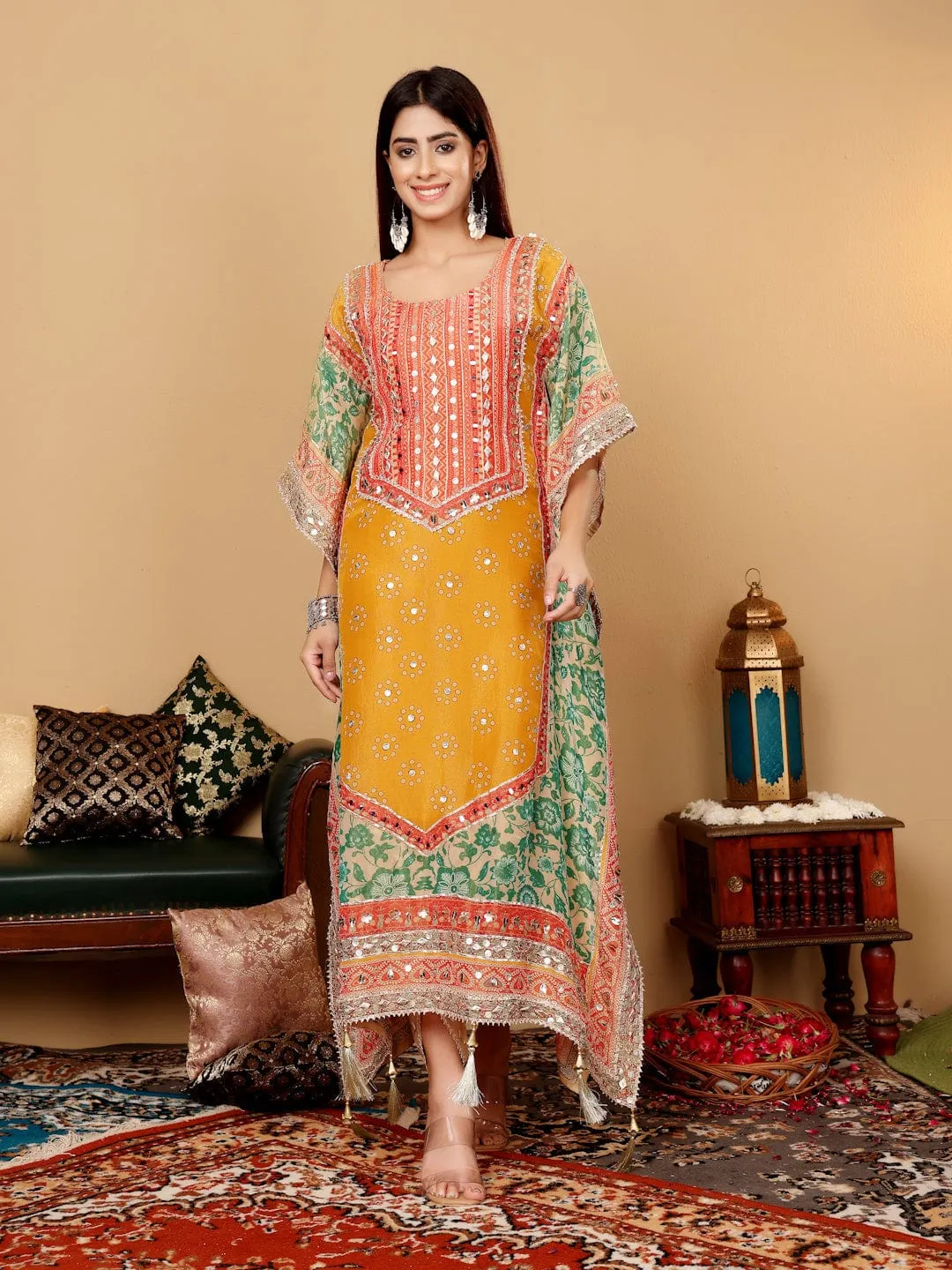 Varanga Women Mustard- Multi Colored Pure Silke Gotta And Mirror Embroidered Kaftan With Dhoti Pants