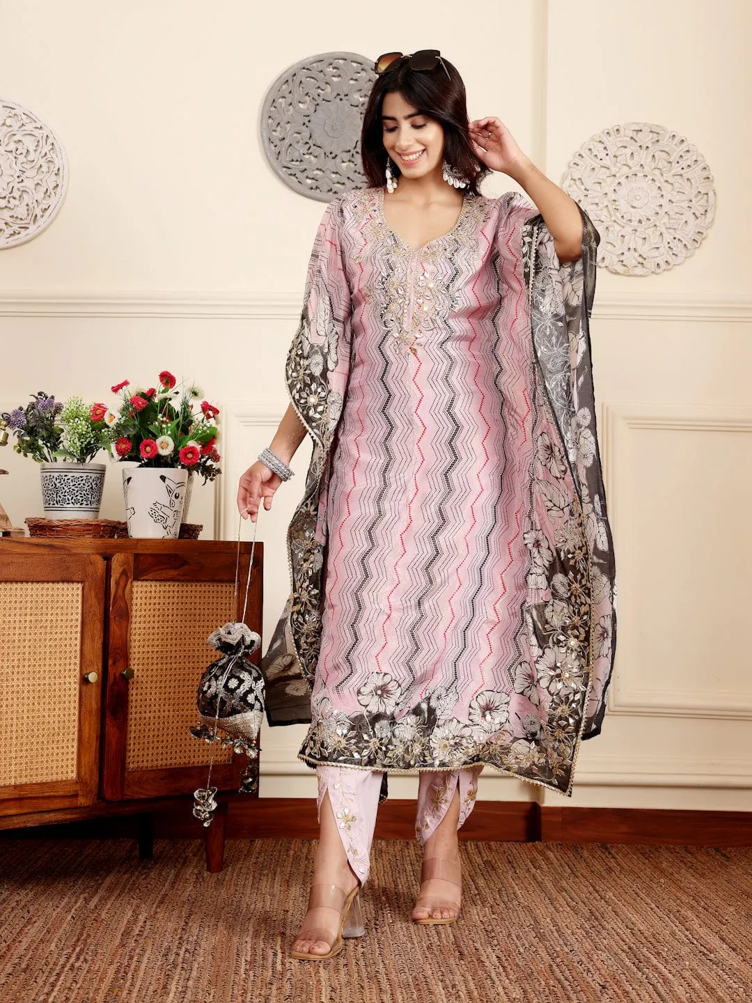 Varanga Women Pink Pure Silk Gotta And Mirror Work Kaftan With Tulip Pants