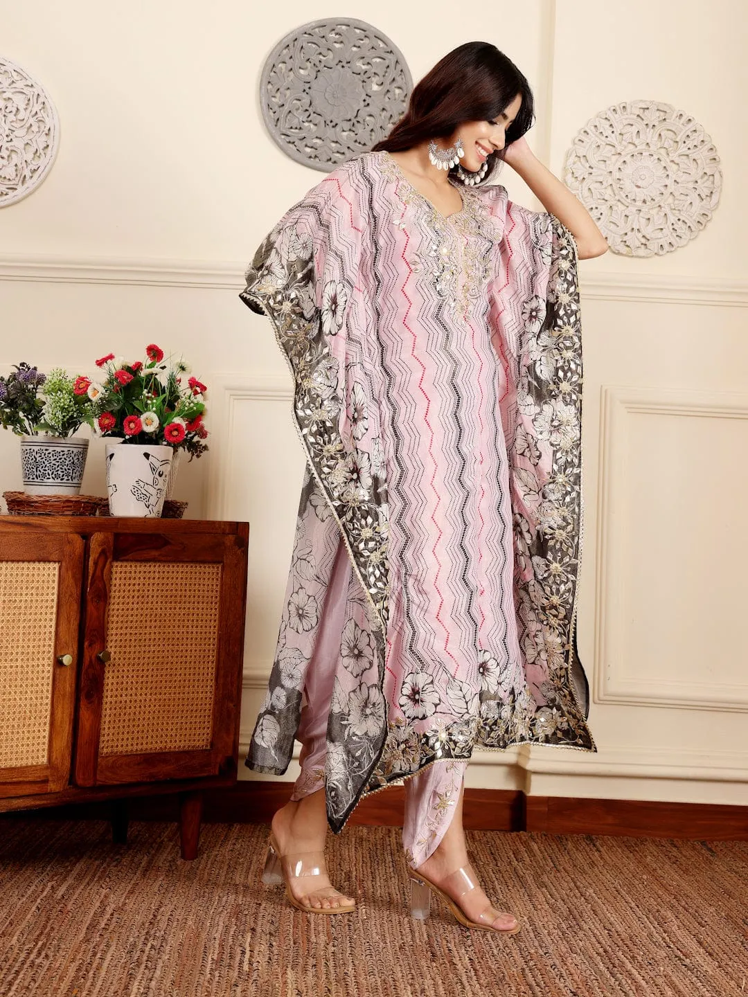 Varanga Women Pink Pure Silk Gotta And Mirror Work Kaftan With Tulip Pants