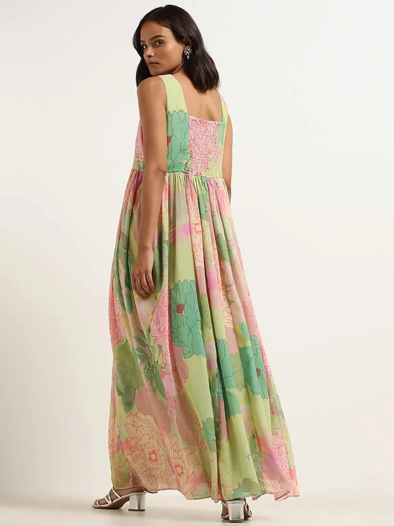 Vark Lime Floral Flared Maxi Dress