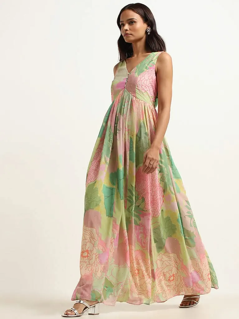 Vark Lime Floral Flared Maxi Dress