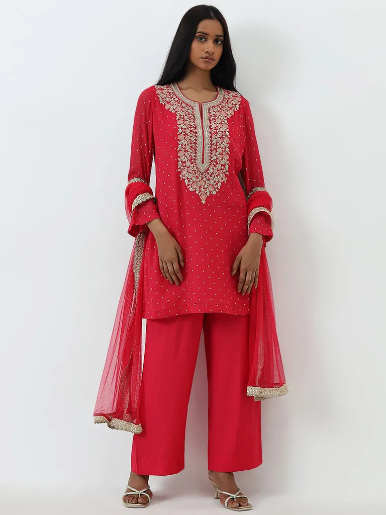 Vark Pink Embroidered A-Line Kurti, Pants and Dupatta Set