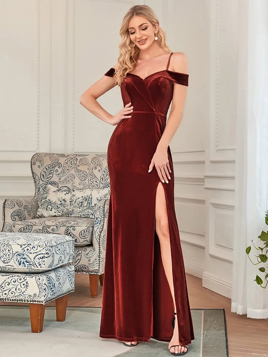 Velvet Spaghetti Strap High Slit Sweetheart Bridesmaid Dress