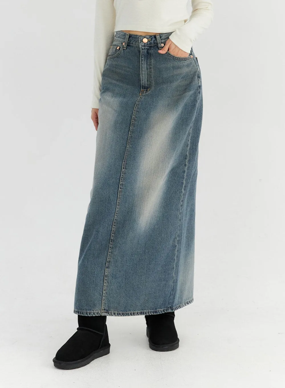 Washed Maxi Denim Skirt CN306