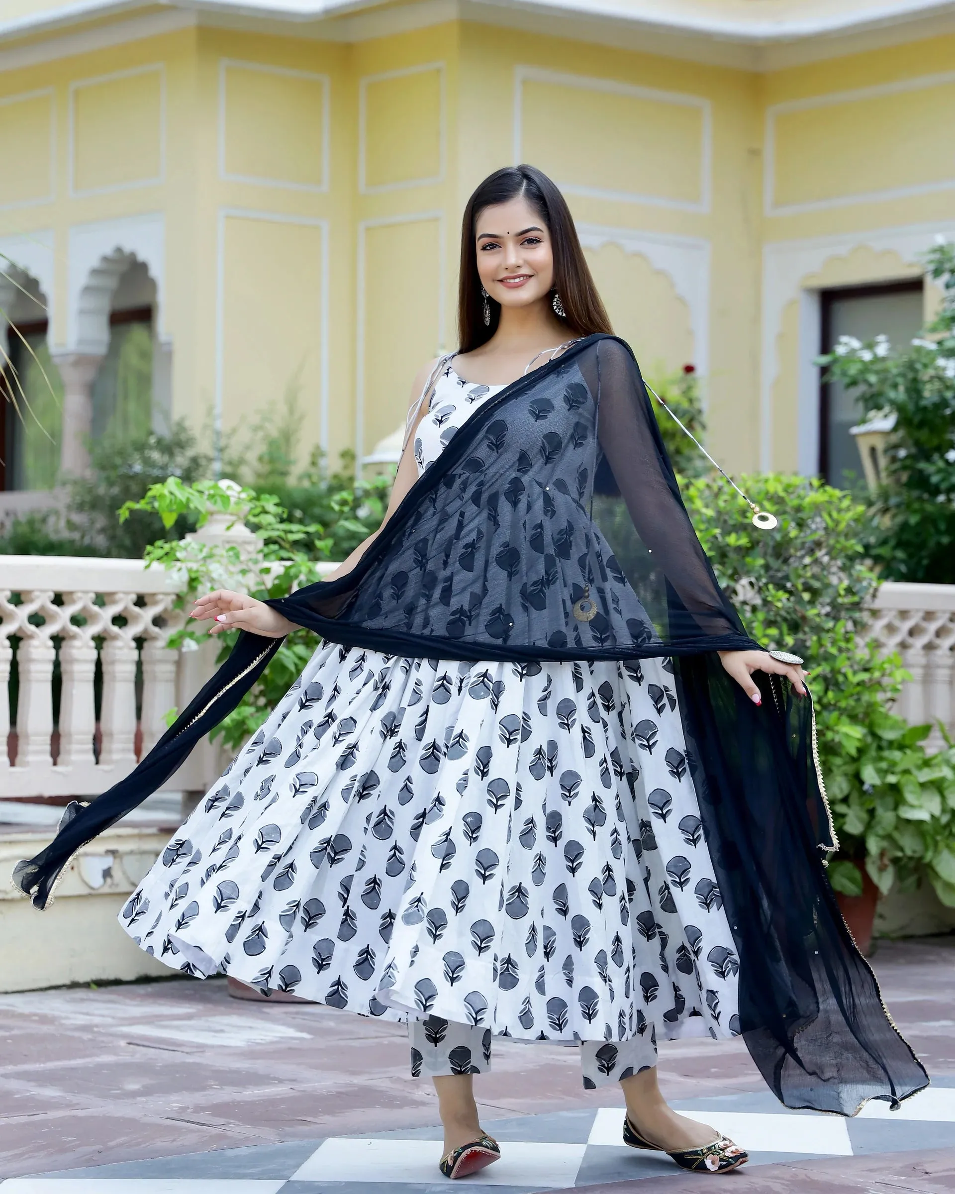 White & Black Handblock Print Anarkli Suit Set