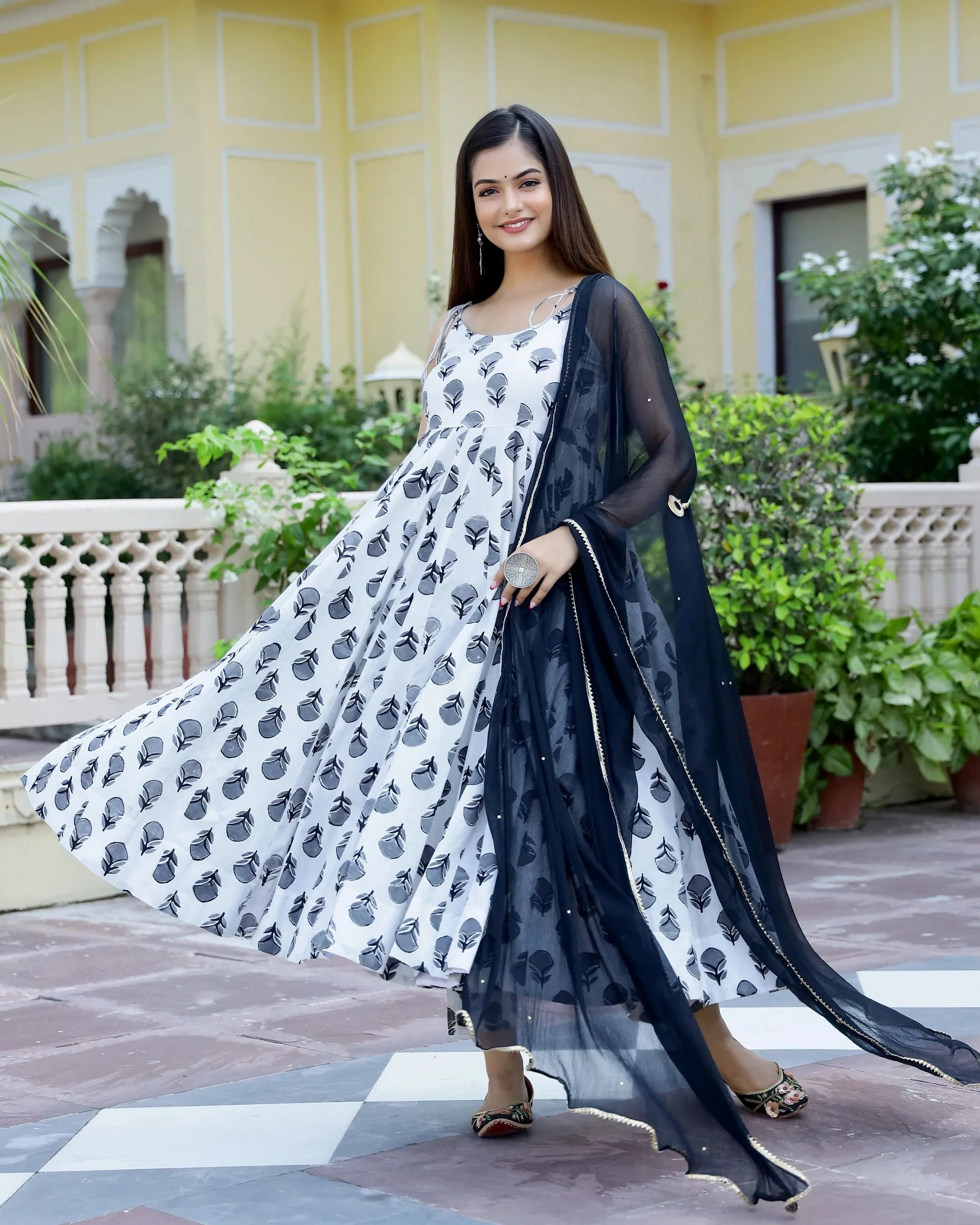 White & Black Handblock Print Anarkli Suit Set