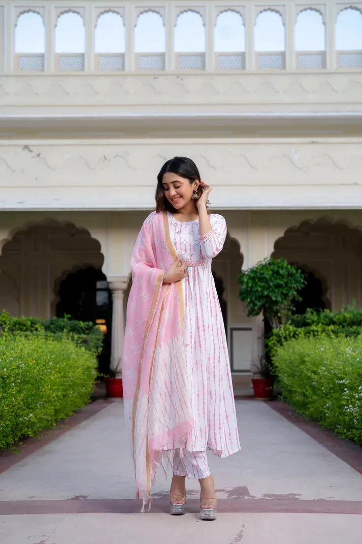 White & Pink Viscose Flared Printed Kurta Pant with Chanderi Cotton Dupatta