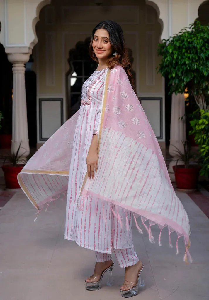 White & Pink Viscose Flared Printed Kurta Pant with Chanderi Cotton Dupatta