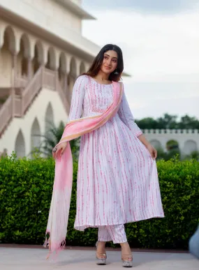 White & Pink Viscose Flared Printed Kurta Pant with Chanderi Cotton Dupatta