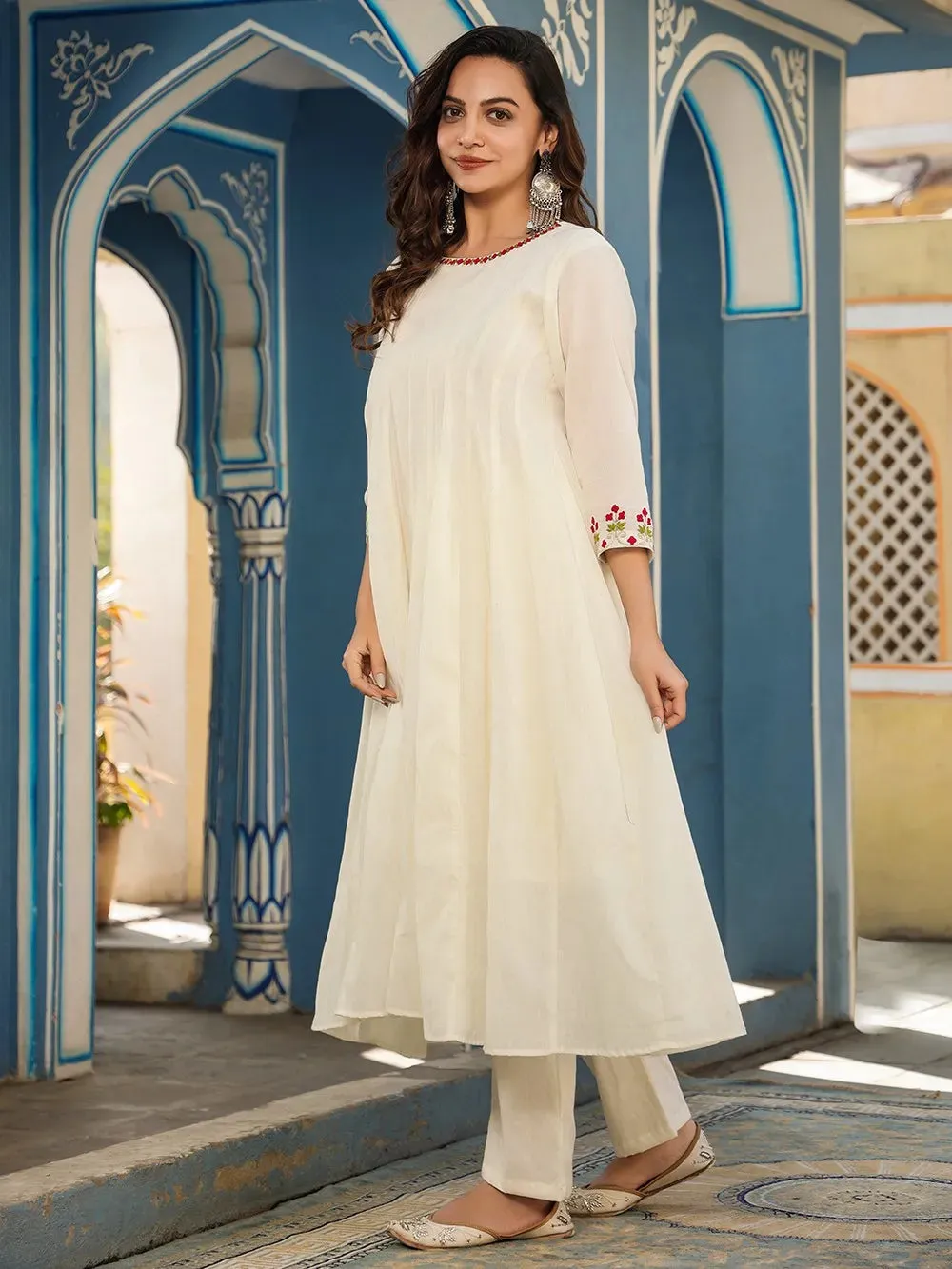 White & Red Cotton Embroidered Anarkali Kurta Pant Set