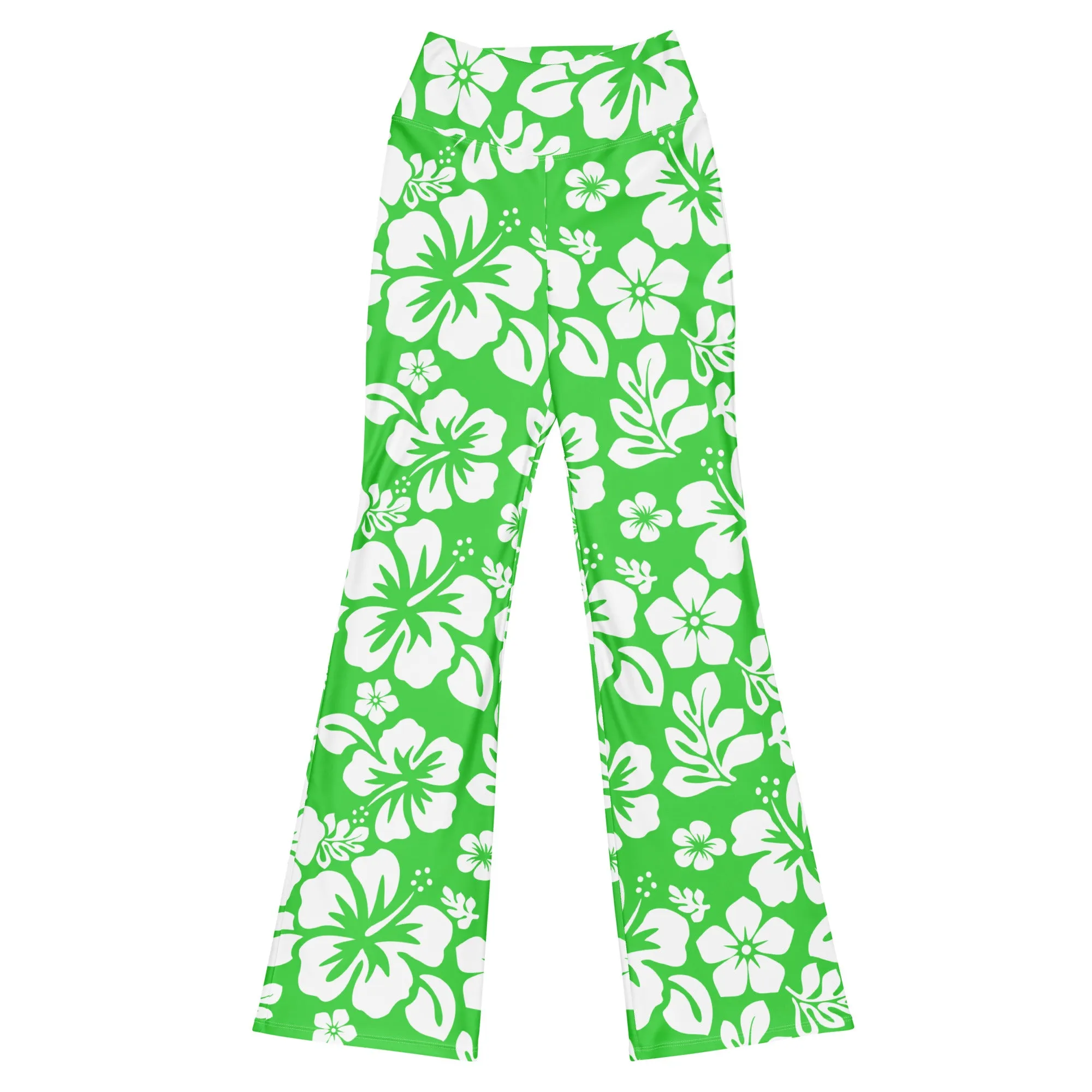 White and Lime Green Hawaiian Flowers Flare Leggings