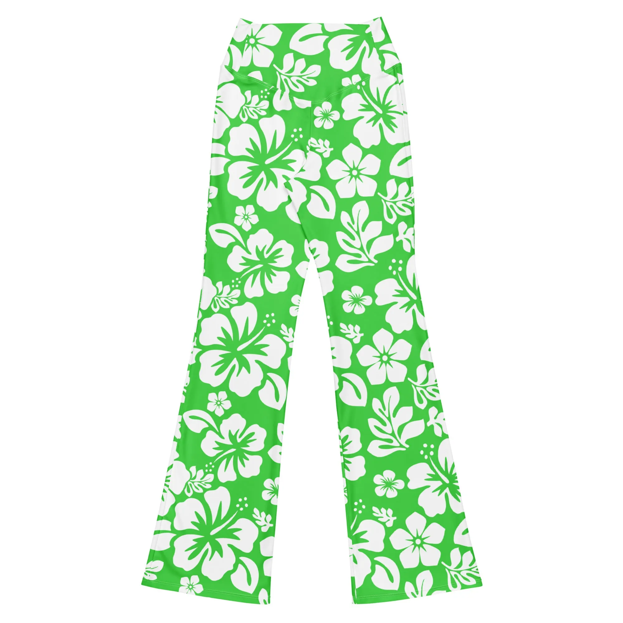 White and Lime Green Hawaiian Flowers Flare Leggings