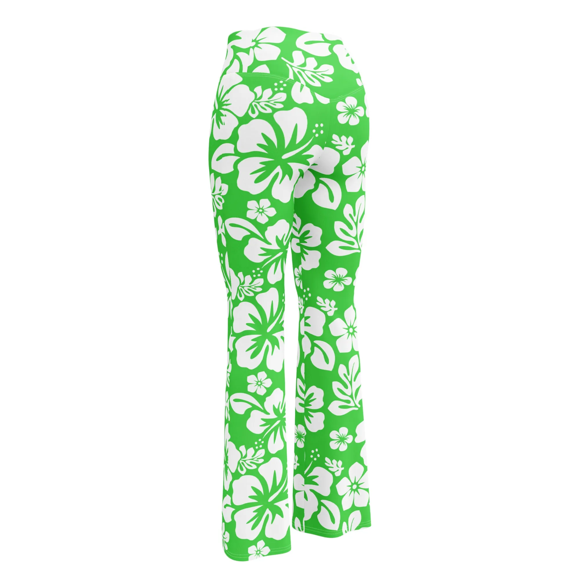 White and Lime Green Hawaiian Flowers Flare Leggings