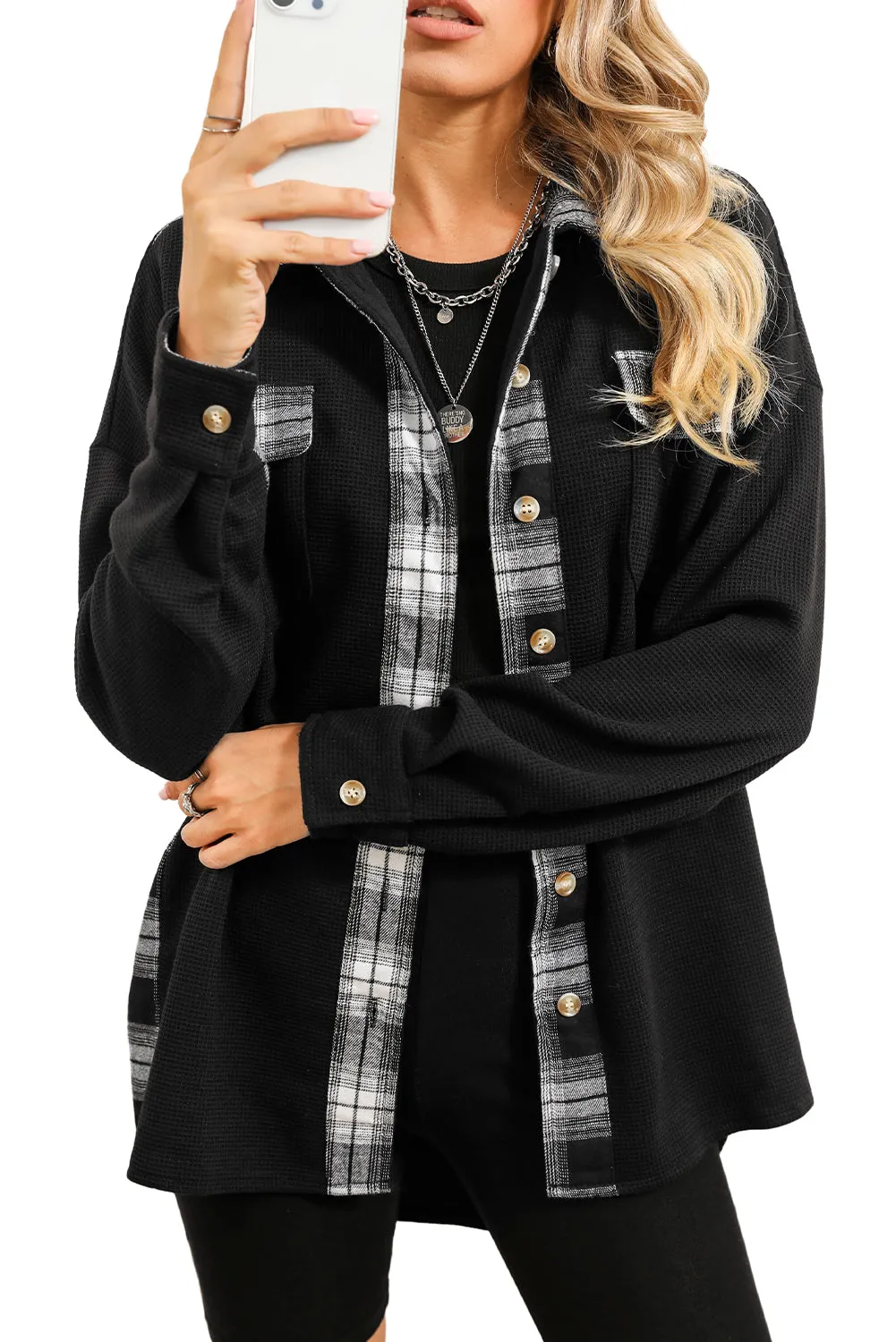 Wholesale Black Plaid and Thermal Waffle Patchwork Shacket