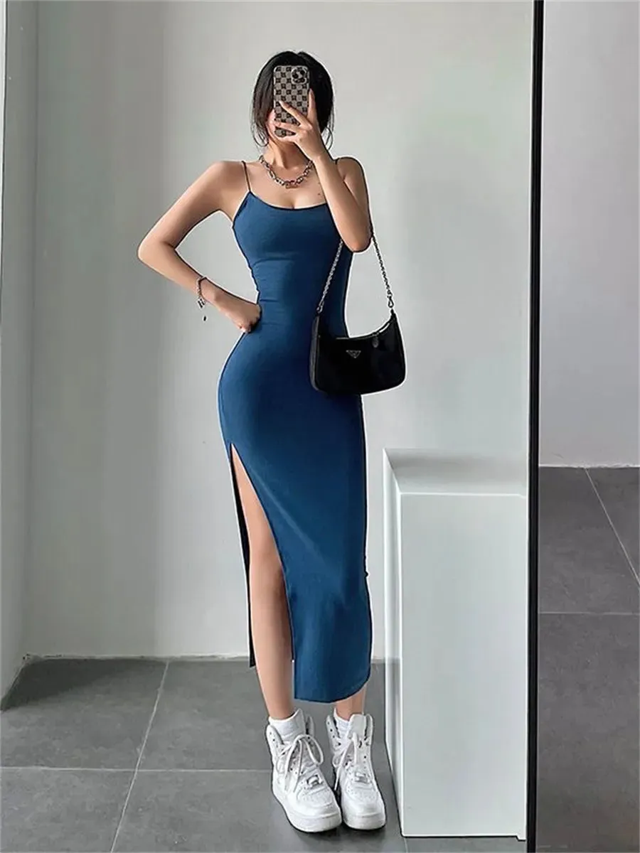 Woman Spring Summer Style Bodycon Dress Female Sexy Sleeveless Spaghetti Strap Split Sheath Dress Vestidos SS178