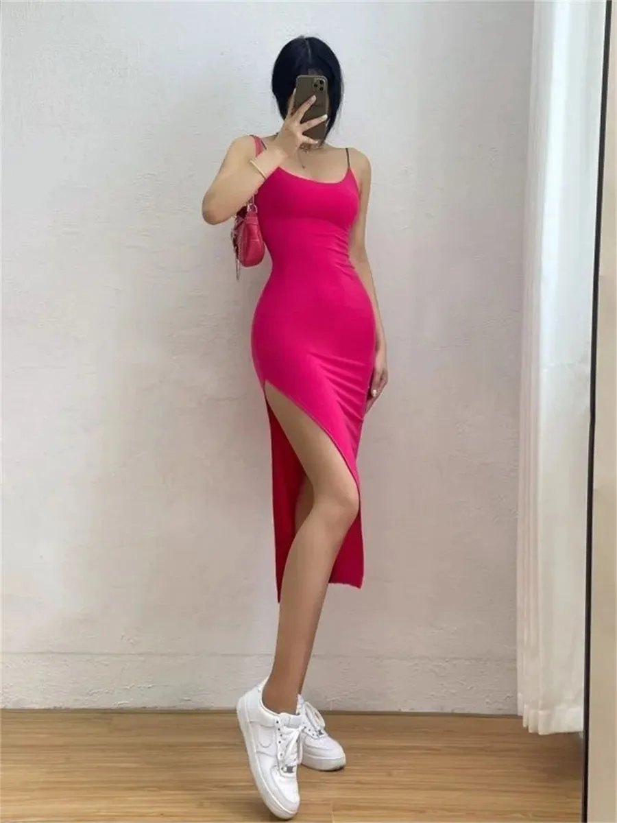 Woman Spring Summer Style Bodycon Dress Female Sexy Sleeveless Spaghetti Strap Split Sheath Dress Vestidos SS178