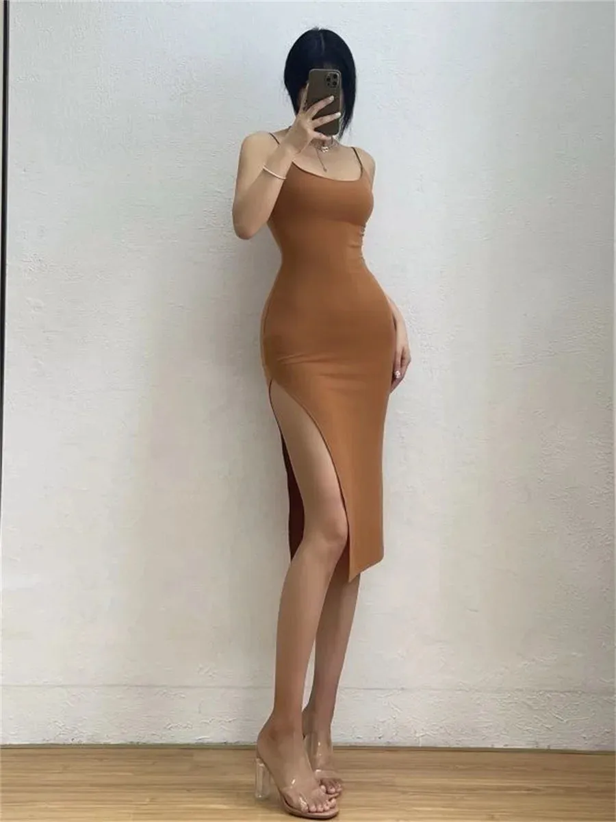 Woman Spring Summer Style Bodycon Dress Female Sexy Sleeveless Spaghetti Strap Split Sheath Dress Vestidos SS178