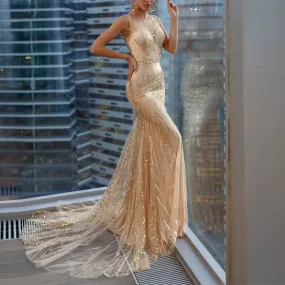 Women Amazing Slim Fit Round Neck Sleeveless Sequins Decorated Beautiful Floor Length Wedding Dress - WWD118466