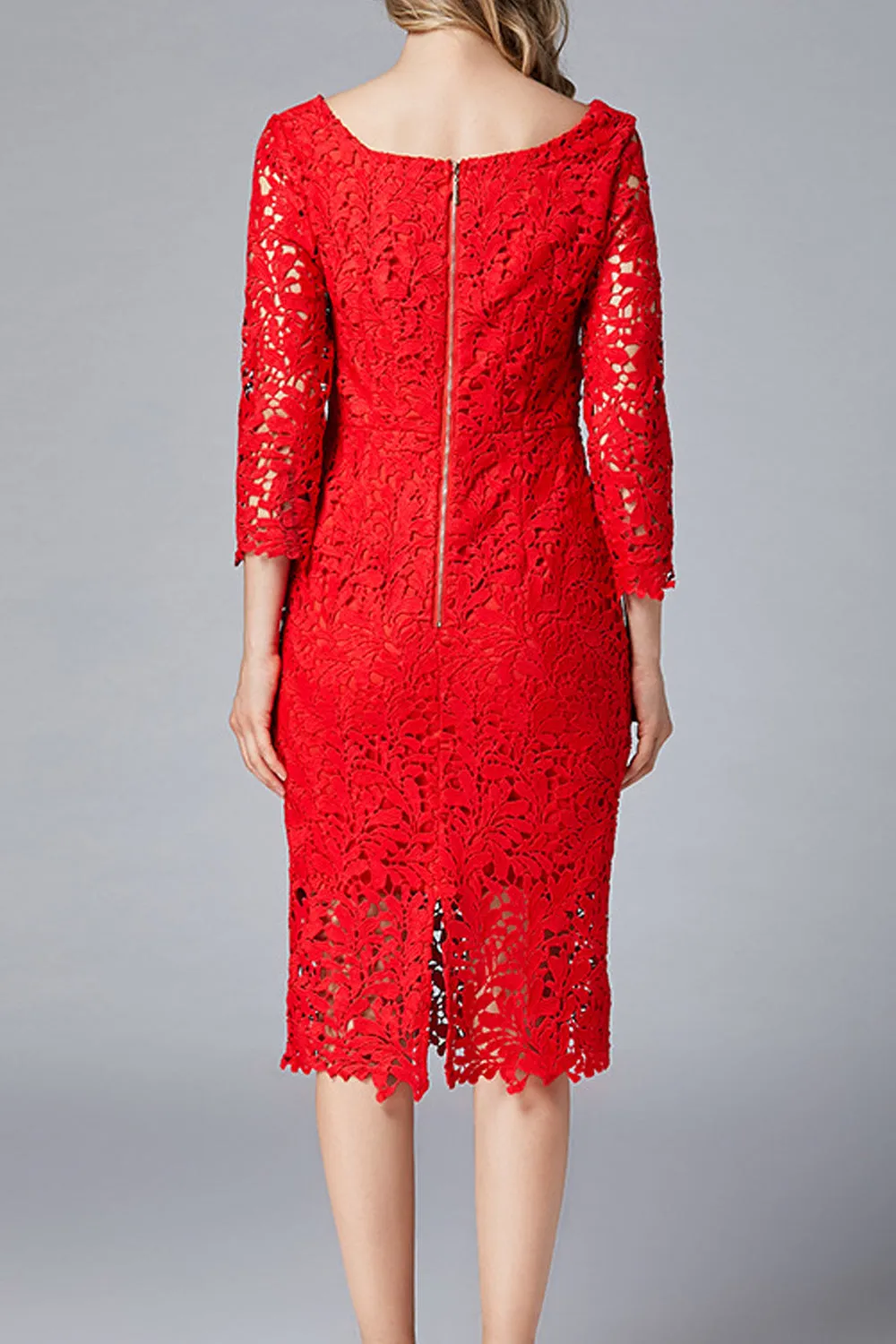 Women Charming Square Collar Red Color Floral Lace Pattern Dress - WD66709