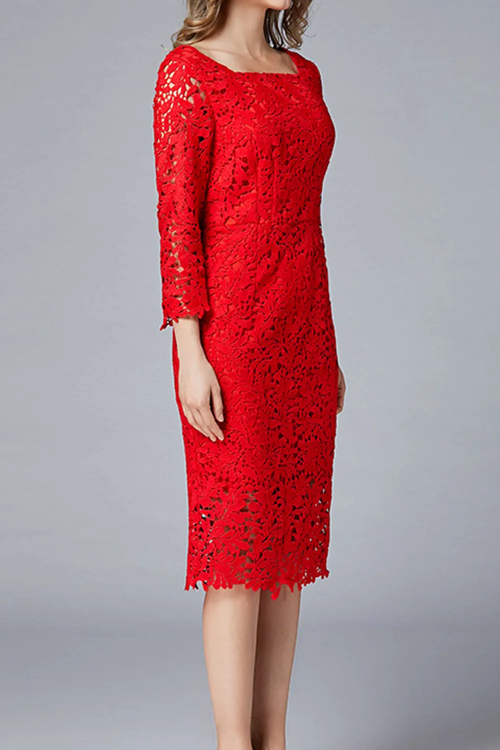 Women Charming Square Collar Red Color Floral Lace Pattern Dress - WD66709