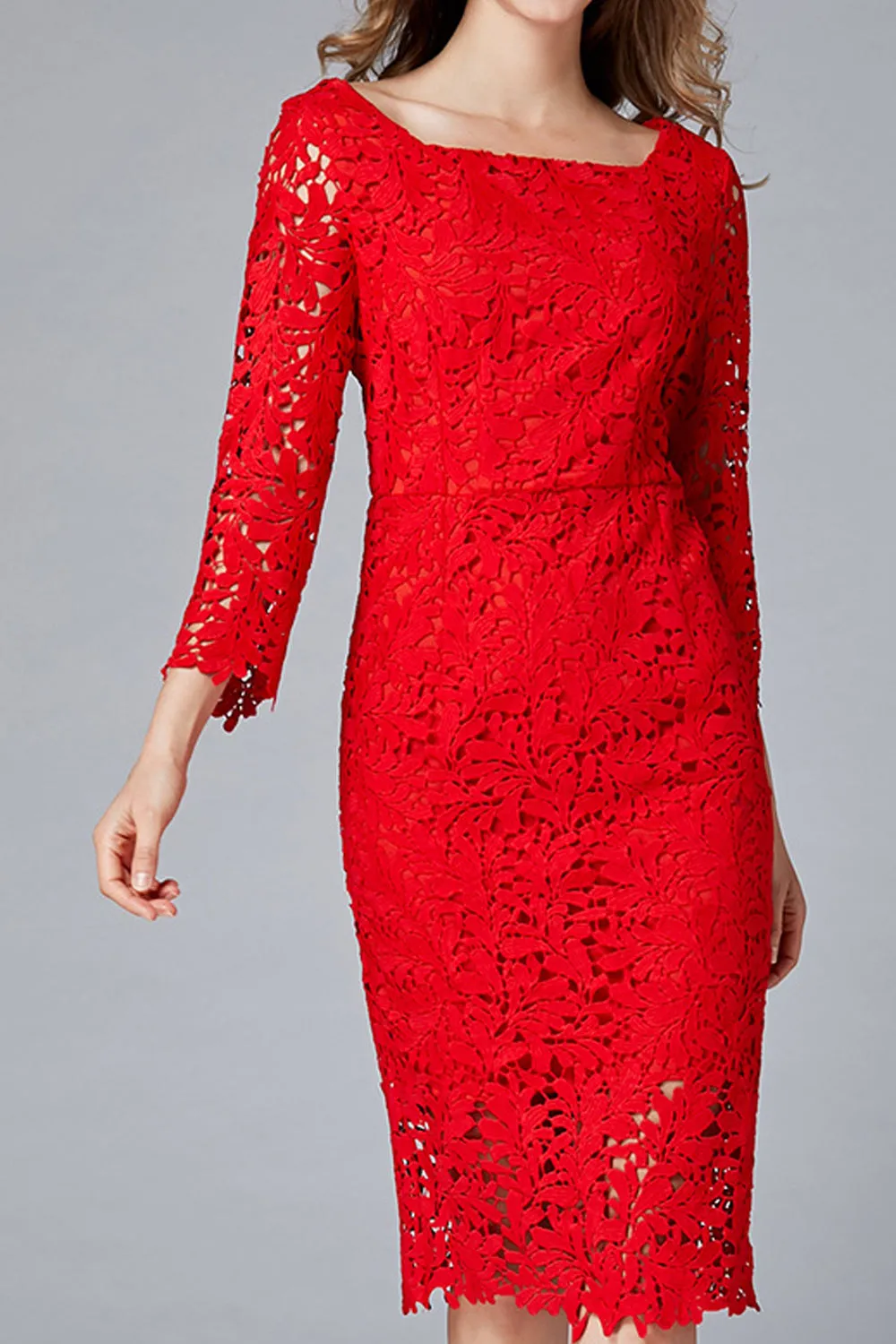 Women Charming Square Collar Red Color Floral Lace Pattern Dress - WD66709