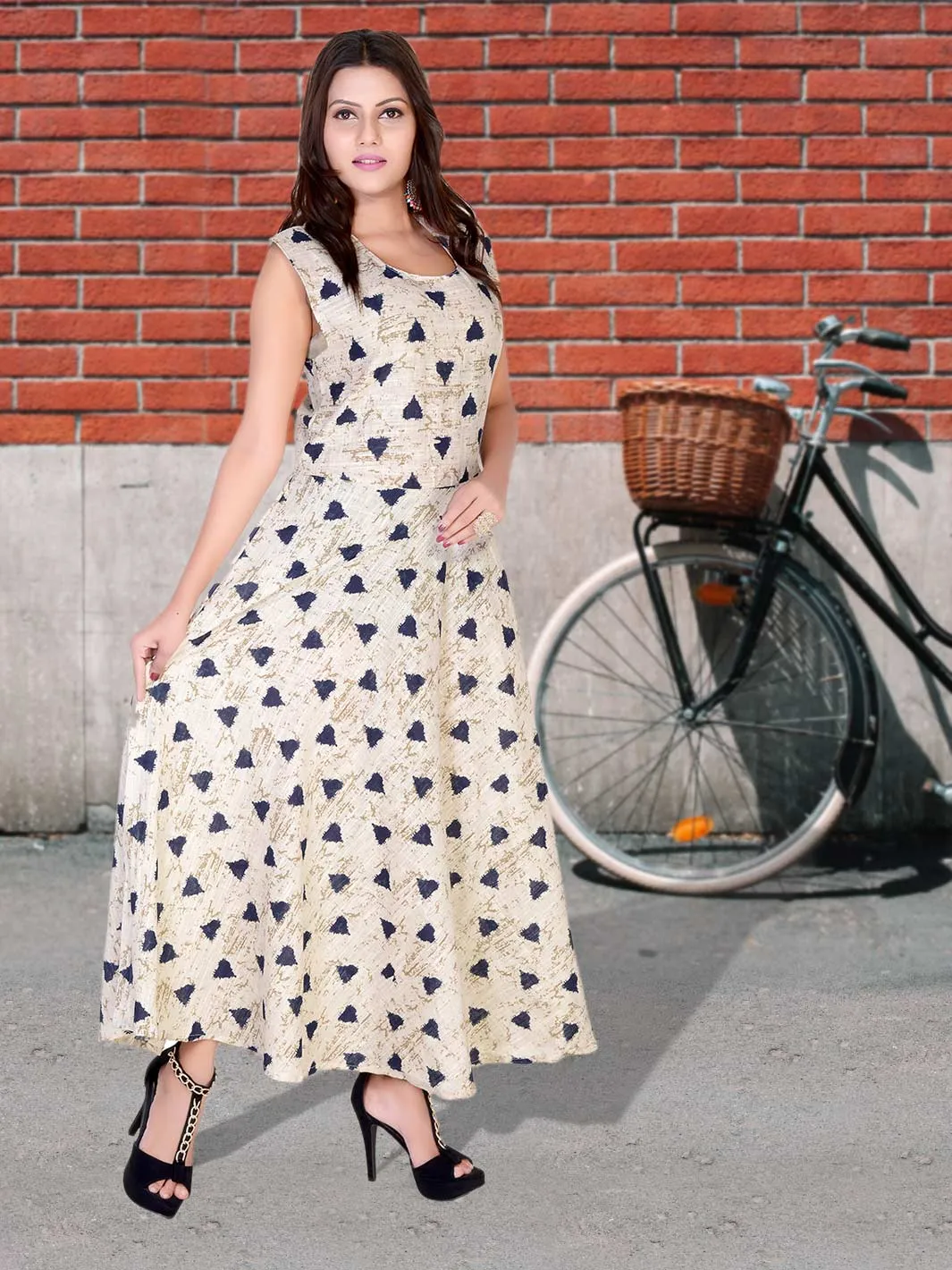 Women Cotton Blue Heart Maxi Long Gown