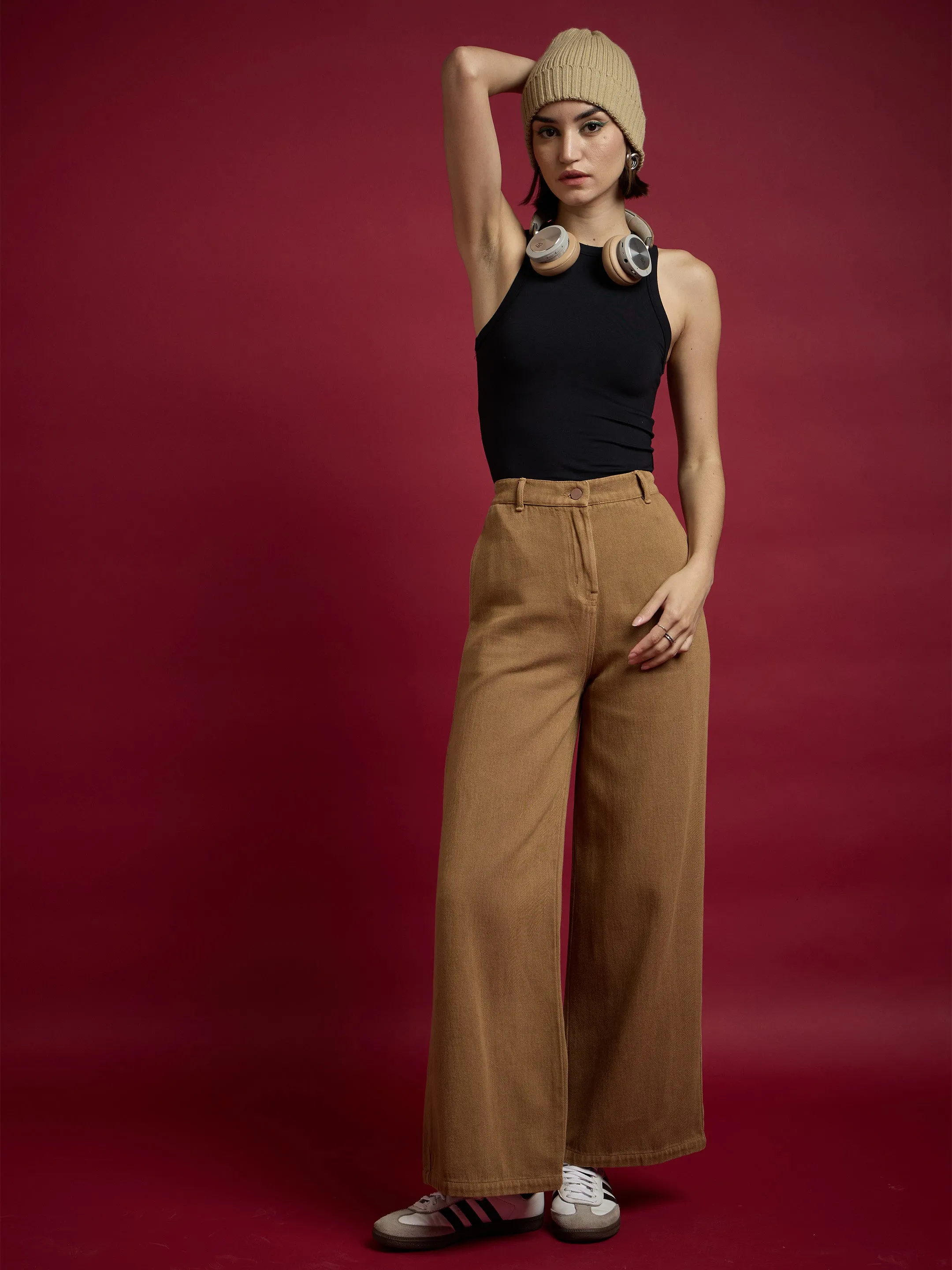 Women Dark Brown Denim Flared Pants