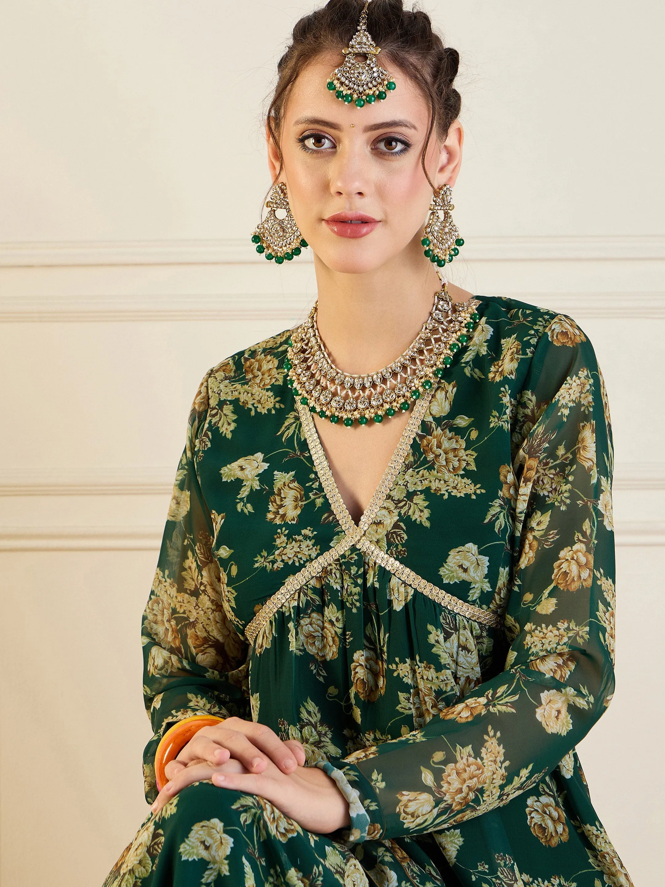 Women Emerald Green Floral Peplum Top With Sharara Pants