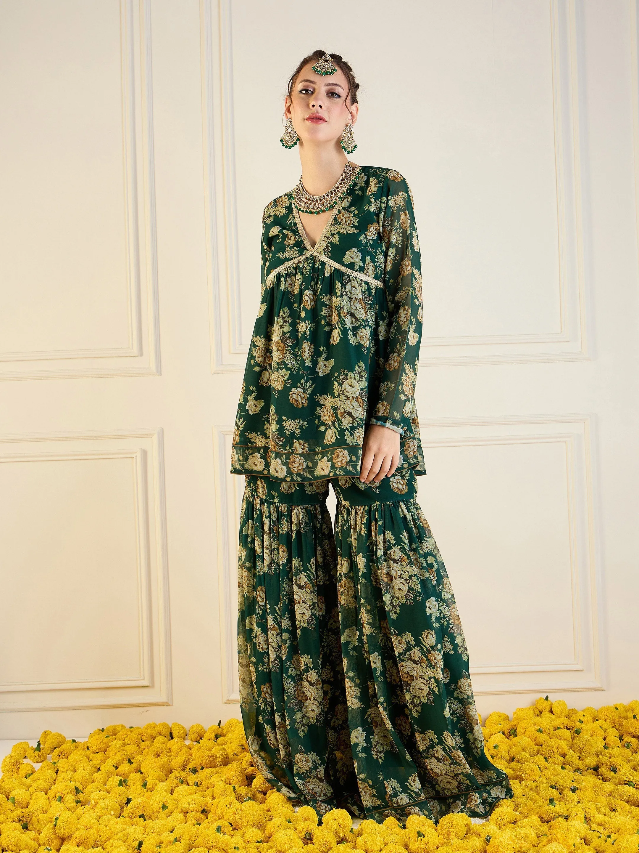 Women Emerald Green Floral Peplum Top With Sharara Pants