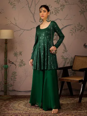 Women Emerald Green Sequins Peplum Top With Flared Pants