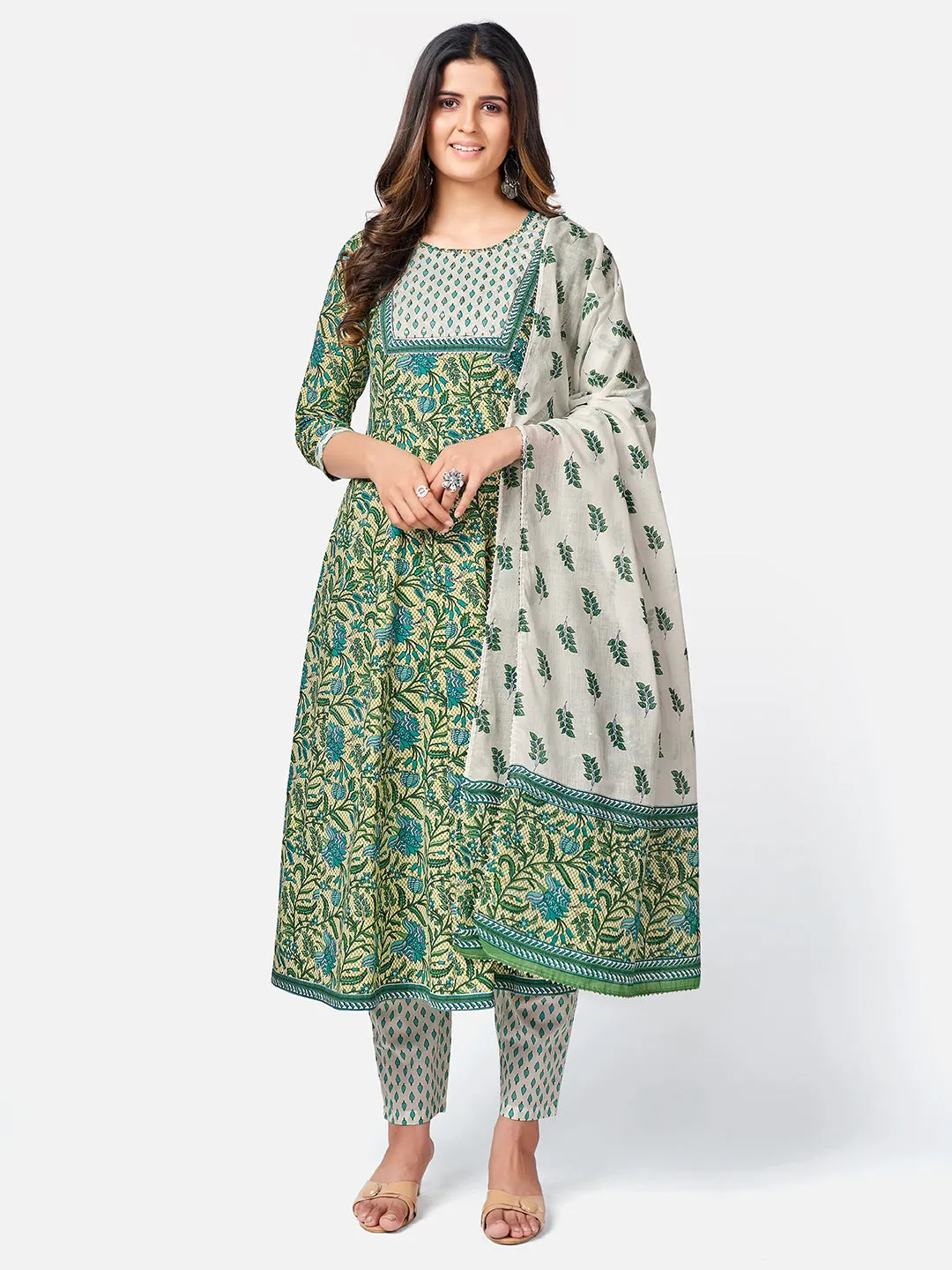 Women Green Anarkali Cotton Kurta With Pant & Dupatta (3Pcs Set)