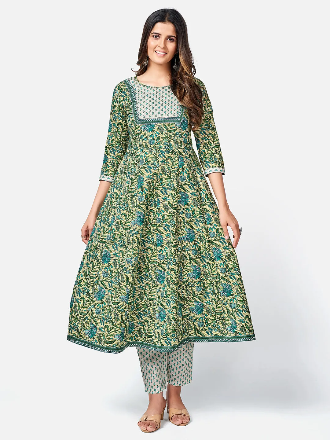 Women Green Anarkali Cotton Kurta With Pant & Dupatta (3Pcs Set)