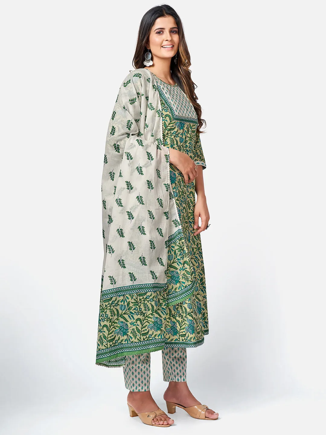 Women Green Anarkali Cotton Kurta With Pant & Dupatta (3Pcs Set)