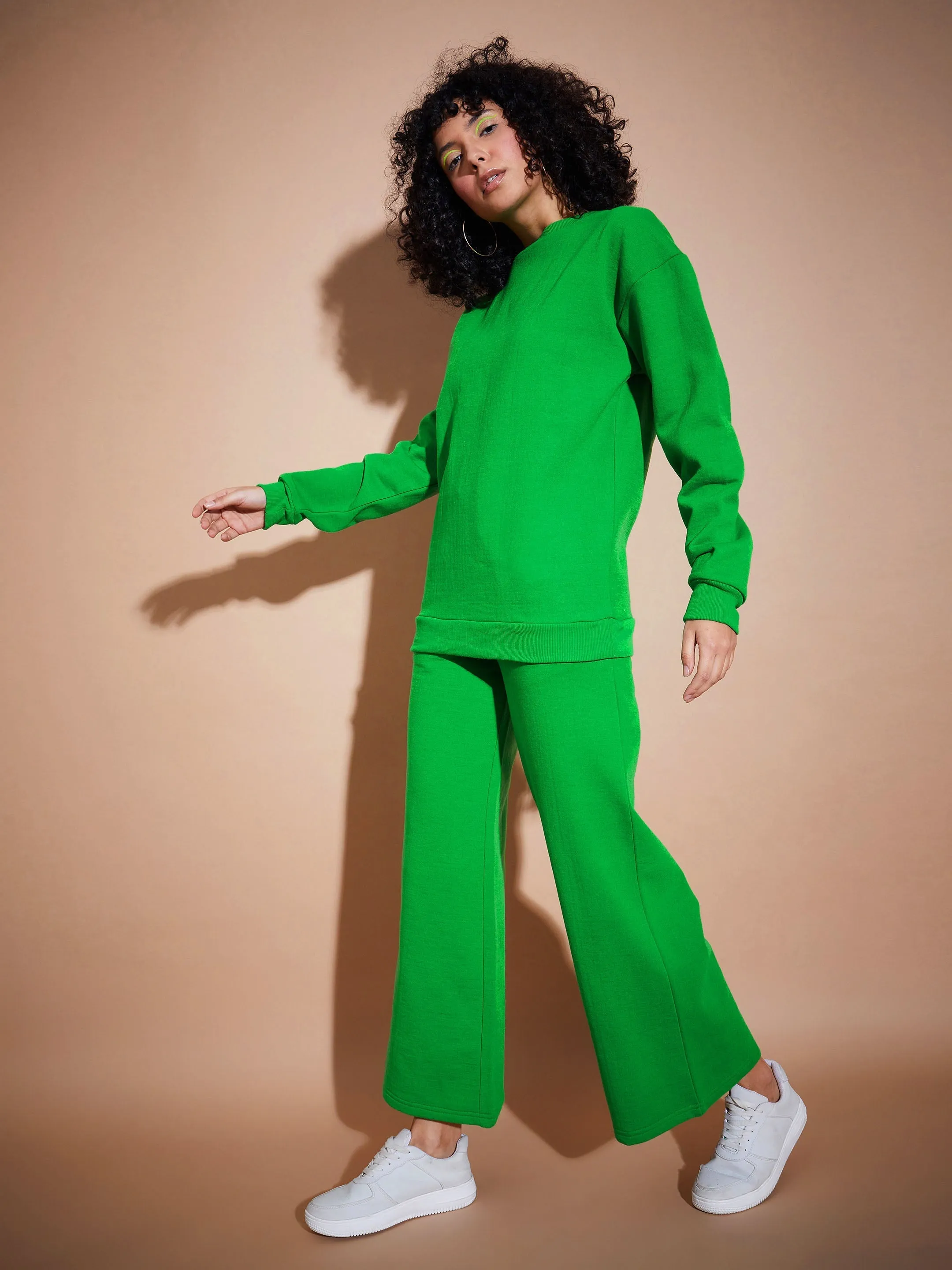 Women Green Fleece Wide Leg Track Pants