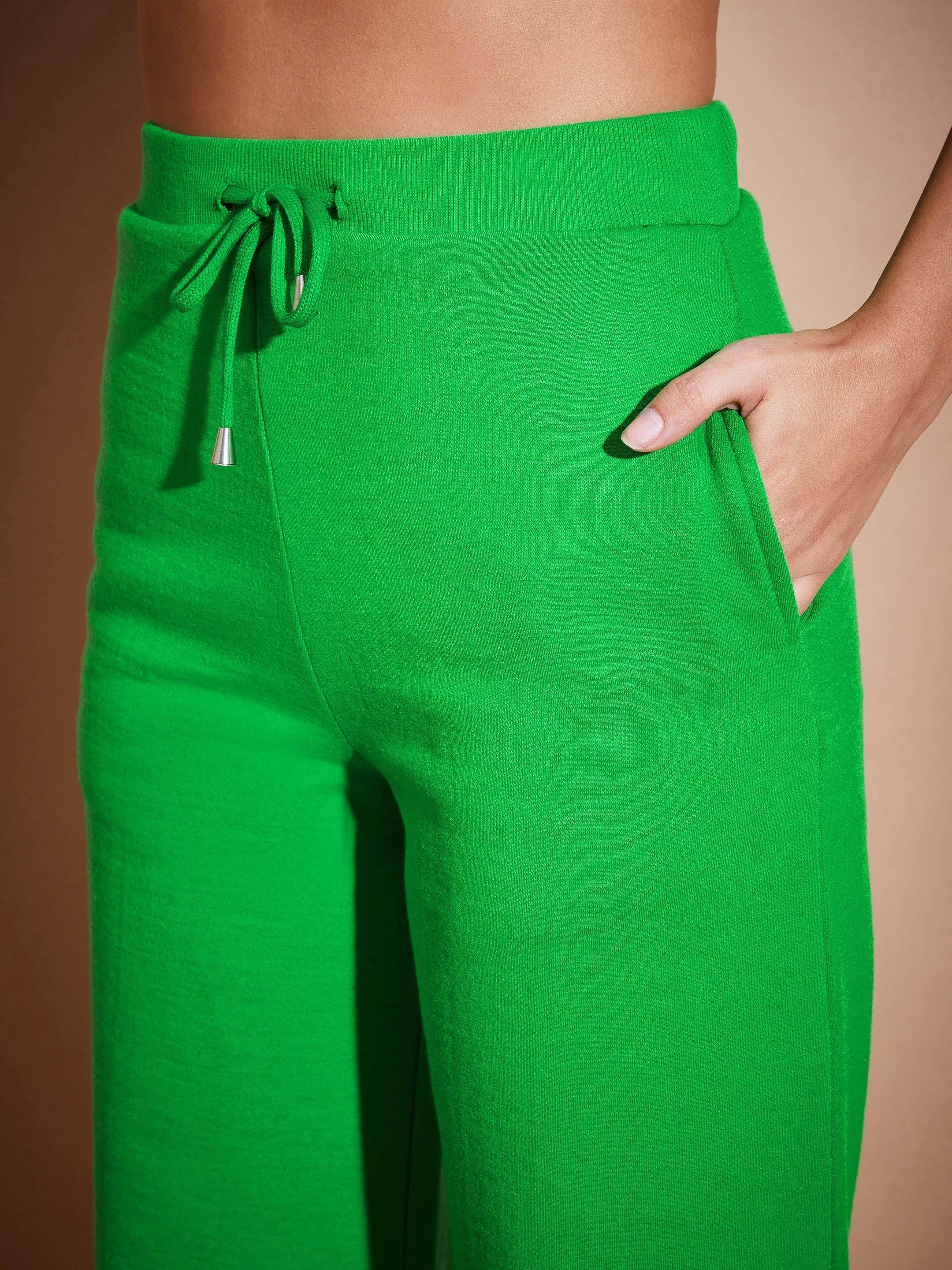 Women Green Fleece Wide Leg Track Pants