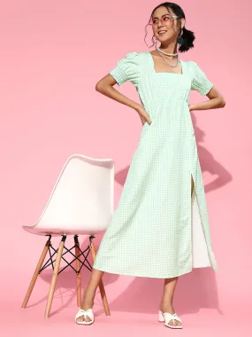 Women Green Gingham Check Square Neck Maxi Dress