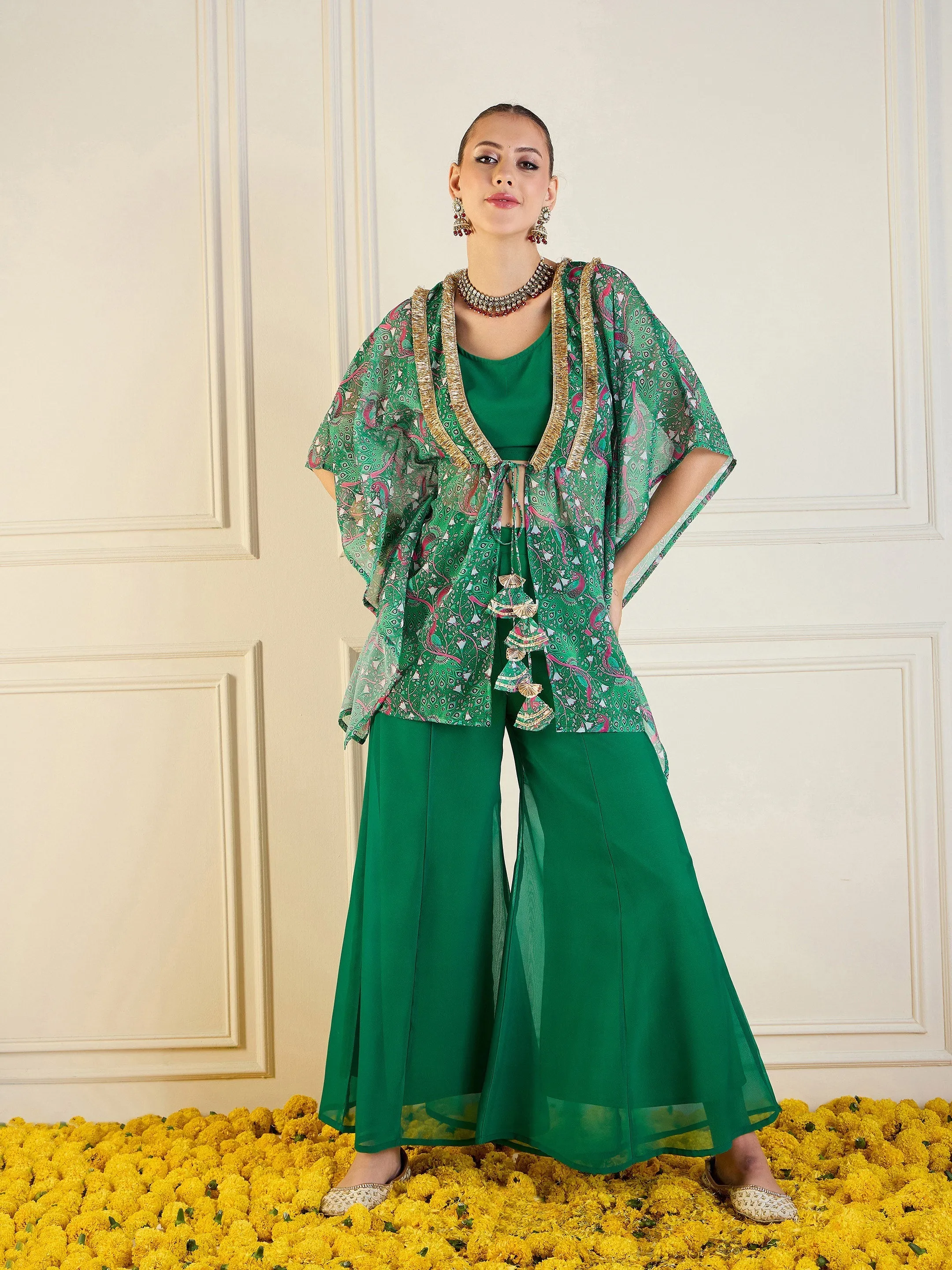 Women Green Printed Cape With Flared Pants & Crop Top