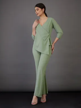 Women Green Wrap Asymmetric Top With Bell Bottom Pants