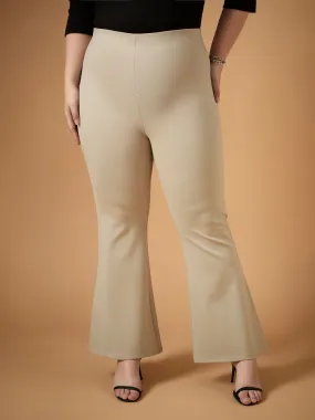 Women Light Beige Flared Bell Bottom Pants