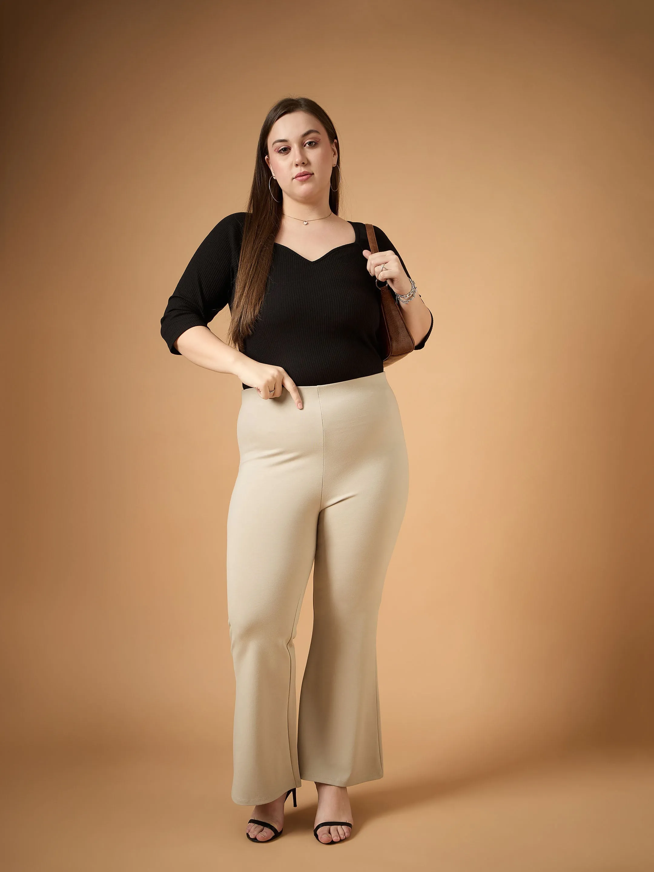 Women Light Beige Flared Bell Bottom Pants