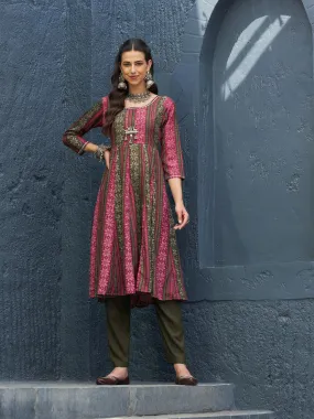 Women Maroon Geo Floral Anarkali Kurta With Olive Pants