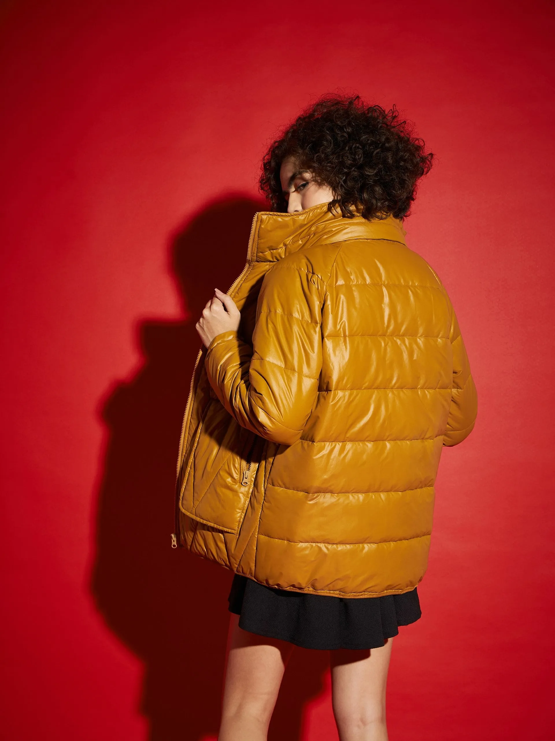 Women Mustard High Neck Diamond Quilt Puffer Jacket