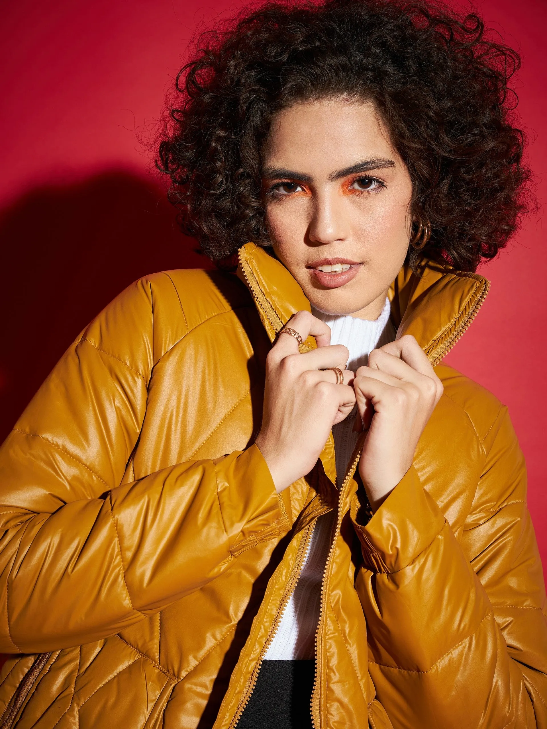 Women Mustard High Neck Diamond Quilt Puffer Jacket