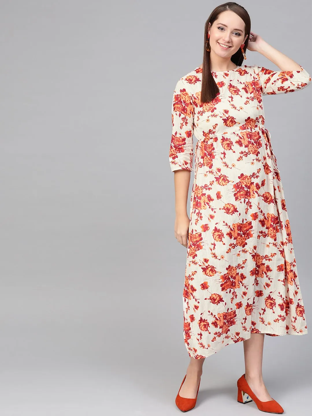 Women Off White & Orange Floral Printed Maxi Dress