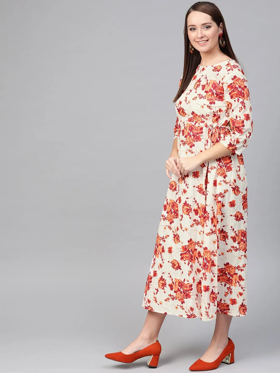 Women Off White & Orange Floral Printed Maxi Dress