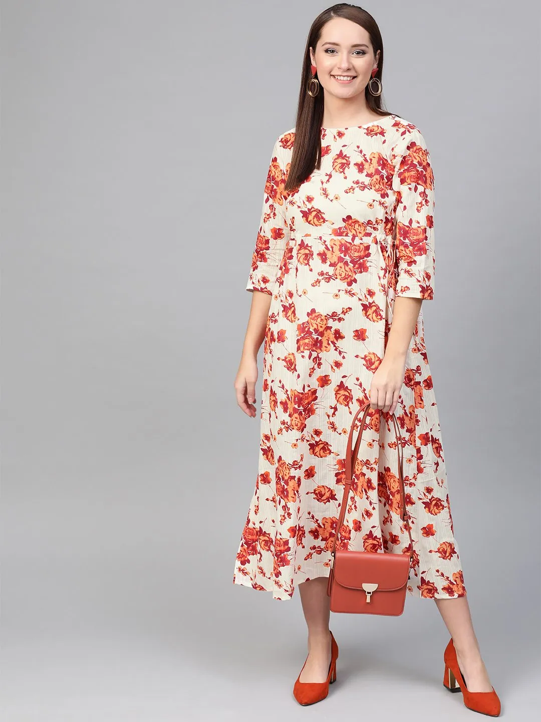 Women Off White & Orange Floral Printed Maxi Dress